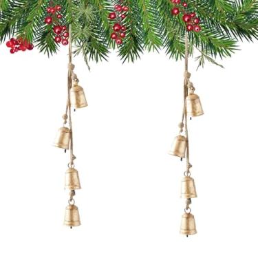 Imagem de Sinos pendurados de metal chiques gastos inspirados no tibetano de meditação com corda de juta conjunto vintage de 4 sinos rústicos feitos à mão