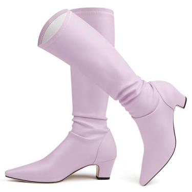 Imagem de MISSMILLER Botas femininas Gogo até o joelho, bico fino, salto grosso, moderno, botas sociais, Roxo claro, 37