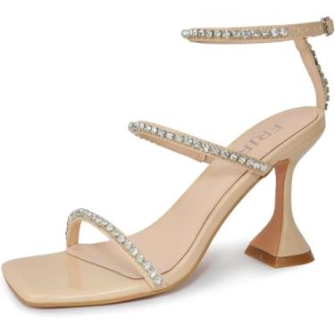Imagem de FRJR Sandálias femininas de strass com cadarço nas costas, salto aberto, salto alto, com alça de fivela stiletto para festa de formatura, casamento, sapatos de salto alto, A-damasco, 40
