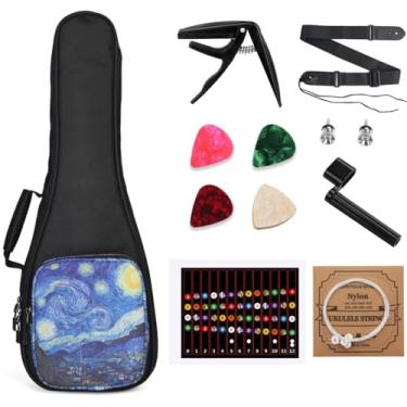 Imagem de MUINS Estojo para ukulele, bolsa para ukelele de concerto soprano tenor, 53, 60, 26, com bolsa, capo, 4 palhetas e cordas e enrolador de cordas, alça e adesivos, escolha de presente Uke (céu estrelado