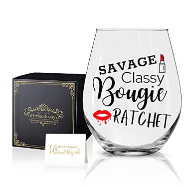 Imagem de Perfectinsoy Catraca engraçada taça de vinho sem haste com caixa de presente - Savage Classy Bougie Ratchet, presentes de vidro de Natal para mulheres, mãe, tia, namorada, senhora, esposa, presentes