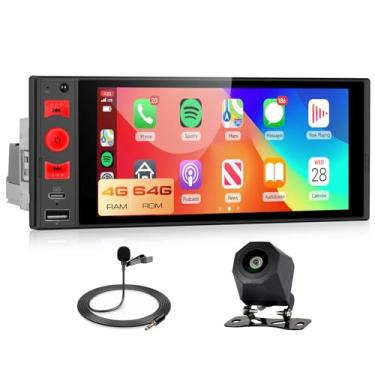 Imagem de [4 + 64 GB] 1 DIN CarPlay carro estéreo sem fio Android Auto, Upriding 15.2 cm tela sensível ao toque Android13 rádio veicular USB-C unidade principal botão de volume rádio FM BT5.2 EQ câmera de visão