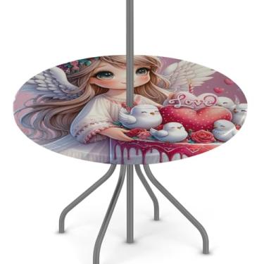 Imagem de hongjinglin Toalha de mesa ajustada para dia dos namorados ao ar livre com orifício para guarda-chuva, toalha de mesa redonda elástica com zíper, impermeável, limpável, para piquenique, festa, pátio