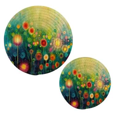 Imagem de Blueangle 2 peças de suporte de panela para pintura de flores coloridas - conjunto de pegadores de panela de tecido redondo - almofadas quentes trançadas de algodão - porta-copos - tapetes de mesa