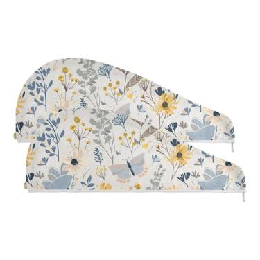 Imagem de SEHANY Toalha de cabelo de microfibra de flores coloridas elegantes para mulheres, 2 peças, turbantes de cabelo de secagem rápida com botão, touca de cabelo seco absorvente toalha de secagem de cabelo