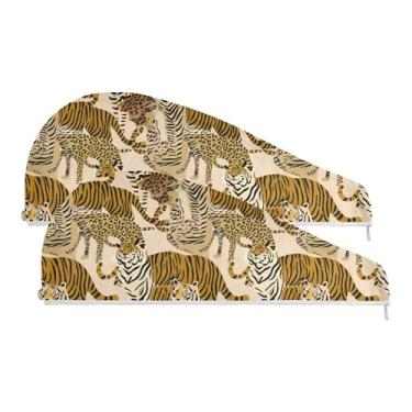 Imagem de SEHANY Toalha de cabelo de microfibra com estampa de leopardo para mulheres, 2 peças, turbantes de cabelo de secagem rápida com botão, touca de cabelo seco absorvente toalha de secagem de cabelo para