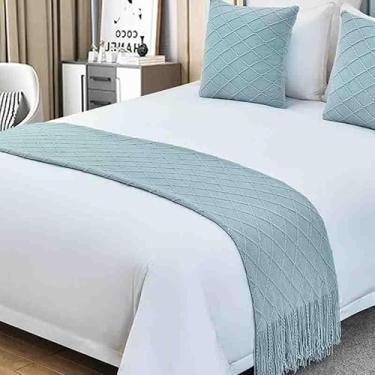 Imagem de Cachecol para cama de hotel, cor sólida, tecido de malha, lençol, sofá, cobertor decorativo, moderno, sem desbotamento, protetor de cama para cama de solteiro, queen size, azul, apenas 2 fronhas de 45