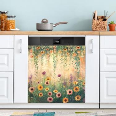 Imagem de ATTX Capa magnética para lava-louças flores aquarela, 58,4 cm C x 66 cm A decoração da capa da máquina de lavar louça, decalques de armário doméstico eletrodomésticos adesivos #120