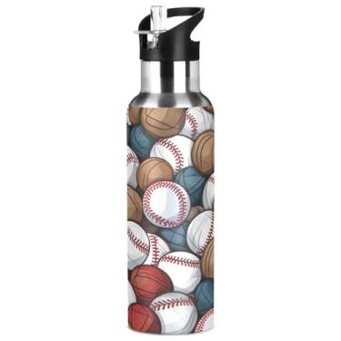 Imagem de Blueangle Garrafa de água de aço inoxidável com padrão de bolas de beisebol de 947 ml - Garrafa esportiva de metal isolada à prova de vazamento para academia, acampamento, fitness ao ar livre e
