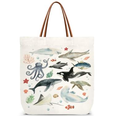 Imagem de ZEDEV Sacola de animais submarinos de lona, bolsa de ombro reutilizável para praia, viagens, trabalho, compras, academia, bolsa de praia, presente de aniversário para mulheres, professoras, amigas -01