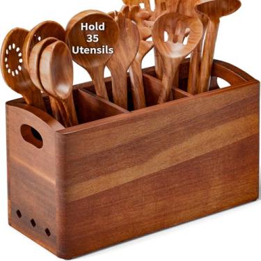 Imagem de Porta-utensílios de cozinha de madeira de acácia natural para balcão, 3 compartimentos para 35 utensílios com divisórias removíveis (dimensões 29,8 cm x 18,2 cm x 11,5 cm), organizador grande de