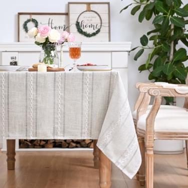 Imagem de Horaldaily Toalha de mesa retangular de linho de algodão cinza claro 152 × 351 cm, estilo fazenda, resistente a vincos, lavável e resistente a rugas, capa de mesa bordada com bainha para casa