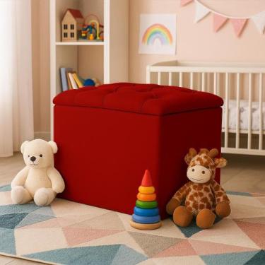 Imagem de Puff Bau Capitone Banqueta Retrô Tecido Suede Dritex Cor:Suede Vermelh