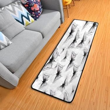 Imagem de WELLDAY Tapete de corredor de borboletas preto e branco, tapete de corredor de 5 x 15 cm, antiderrapante, lavável, tapete de cozinha para quarto, entrada, lavanderia, sala de estar