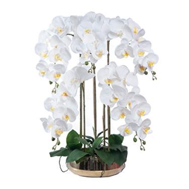 Imagem de Flor artificial em vaso flores artificiais com vaso orquídea branca grande PU Phalaenopsis flor falsa em vaso para sala de estar decoração de arranjos de casa