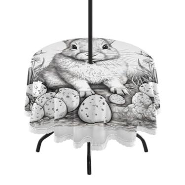 Imagem de CEBUGI Toalha de mesa redonda para ambientes externos, coelhinho da Páscoa, impermeável, com furo Umberlla, capa de mesa lavável para pátio, cozinha, sala de jantar, 152 cm
