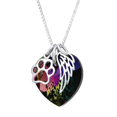 Imagem de Colar de coração de cristal arco-íris com estampa de pata e pingentes de asa de anjo, corrente de prata, Adjustable, Aço inoxidável, Zircônia cúbica