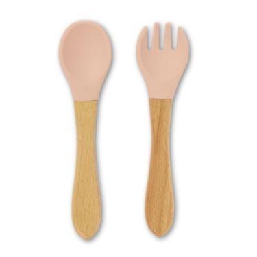 Imagem de Kit Talheres Infantis de Silicone com Cabo de Madeira, Colher e Garfo para Bebês, 14cm, Material Seguro Livre de BPA, Design Ergonômico e Natural