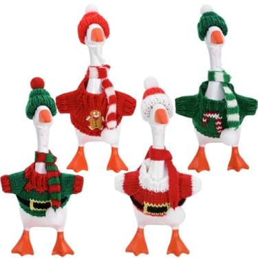 Imagem de GANSHAYA 4 conjuntos de roupas de ganso de mesa de Natal mini de 18 cm de mesa de ganso de malha chapéus e cachecóis acessórios para decoração de porta-chaves magnéticas