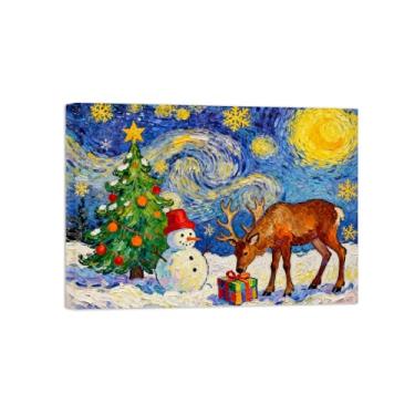 Imagem de Arte de parede paisagem imagem em tela - árvore noturna estrelada veado - decoração moderna - impressões de pintura para sala de estar pronto para pendurar 90 x 125 cm 35 x 49 pol tela embrulhada