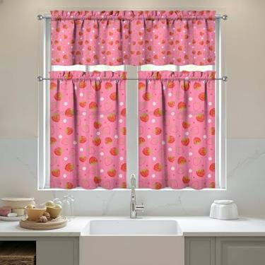 Imagem de sgqjdpmc Conjunto de 3 cortinas e sanefas de cozinha de morango para decoração de cozinha, janelas sobre a pia, cortinas de arte de fazenda, 70 x 91 cm