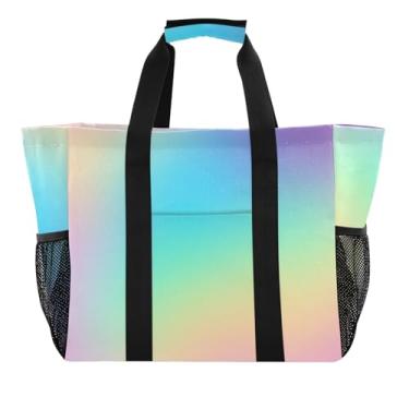 Imagem de ODAWA Bolsa de compras de lona aberta gradiente arco-íris para uso diário e férias, bolsa de praia resistente à água