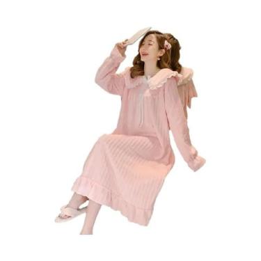 Imagem de Camisola Feminina De Flanela Grossa Cor Sólida Com Gola De Boneca Quen