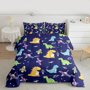 Imagem de Feelyou Jogo de cama solteiro com desenho animado de dinossauro, animal selvagem, para quarto de crianças, meninos, meninas, universo, planetas, decoração ultramacia, respirável