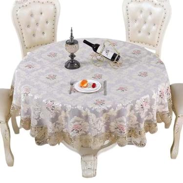 Imagem de Qubjus Toalha de mesa redonda floral bordada elegante com borda de renda, capa de mesa decorativa delicada para sala de jantar, festa e reuniões de férias (redondo - 91 cm, cinza)