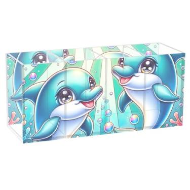 Imagem de TSENQUE Porta-canetas fofas de golfinhos de desenho animado para mesa de escritório colorido suporte de lápis de pincel de maquiagem acrílico