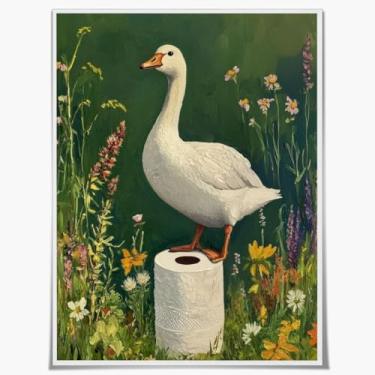 Imagem de Arte engraçada de parede de banheiro de ganso bonito verde botânico impressão de papel higiênico animal caprichoso arte de ganso humorístico decoração de banheiro feminino para dormitório apartamento