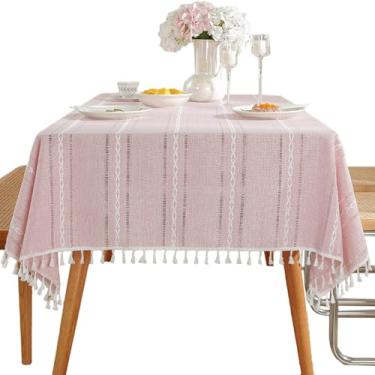 Imagem de Qubjus Toalha de mesa luxuosa de linho vazado de algodão com franja de borla, capa de mesa decorativa para mesas de jantar quadradas e retangulares, toalha de mesa texturizada para cozinha, festas