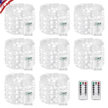 Imagem de Pacote com 8, total de 160 m, 480 luzes de fadas operadas por bateria com Rmote, luzes cintilantes à prova d'água com temporizador interno e externo, cordão de luz cortável para quarto, sala de aula
