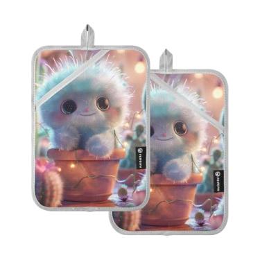 Imagem de Conjunto de 2 suportes de panelas de forno de cacto fofos, tapetes quentes acolchoados resistentes ao calor para panelas e frigideiras para luvas de forno de cozinha