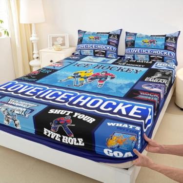 Imagem de Jogo de lençol de hóquei para meninos e meninas, decoração de quarto, patchwork geométrico, lençol com elástico para crianças, solteiro, azul, 1 fronha (não plana)