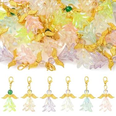 Imagem de MakemadeDIY 30 pingentes de asa de anjo, 6 estilos, pingentes de contas de acrílico, flores transparentes, pingentes dourados com fechos de garra de lagosta para colares, pulseiras, brincos
