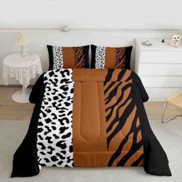 Imagem de Feelyou Conjunto de edredom Queen com estampa de leopardo, listras de zebra, para crianças, meninos, meninas, guepardo, zebra, estampa de animais, 3 peças com 2 fronhas
