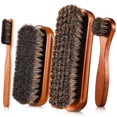 Imagem de Kit de 4 pincéis de sapatos de crina de cavalo, aplicadores de polimento, de couro, botas, escovas de cuidados, escova de limpeza de camurça com pano de sapato de microfibra (marrom estilo A)