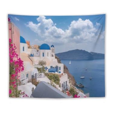 Imagem de Tapeçaria de igreja de cúpula azul buganvílias rosa à beira-mar veleiros Cliffside Village vibrante vista costeira decoração de parede para casa sala de estar quarto 70 x 90 tapeçarias