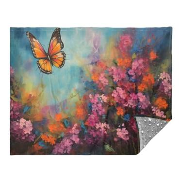 Imagem de CEBUGI Cobertor de flanela quente macio 127 x 178 cm para sofá, cama, escritório, acampamento, viagem, borboleta, flores roxas, uso em todas as estações