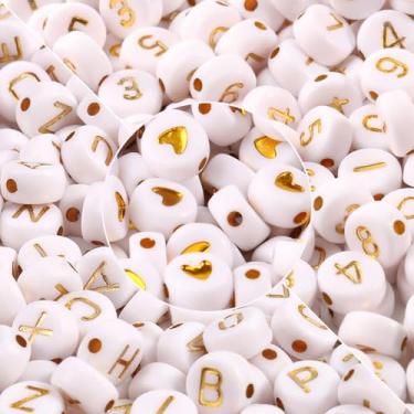 Imagem de Yochus 1000 contas brancas mistas redondas de acrílico 4 x 7 mm contas douradas com números do alfabeto contas em forma de coração para fazer joias e pulseiras DIY