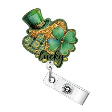Imagem de Carretel de crachá de Dia de São Patrício chapéu verde coração trevo da sorte clipe retrátil para crachá dourado glitter acrílico retrátil com clipe jacaré molinete de crachá de identificação para