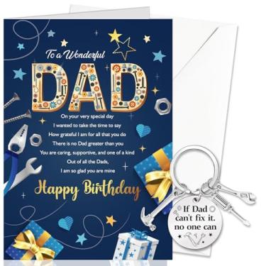 Imagem de DPKOW Cartão de aniversário do pai e chaveiro da filha filho, presentes de feliz aniversário para o pai, cartão de felicitações de dia B com envelope, chaveiro de aço inoxidável com bolsa de cordão de