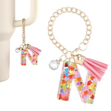 Imagem de Amuleto de copo com letras, lindo pingente de letra inicial chaveiro chaveiro acessórios para alça de copo Stanley (N)