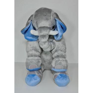 Imagem de Almofada Travesseiro Elefante Pelúcia Para Bebê Cinza Com Azul 70 Cm -