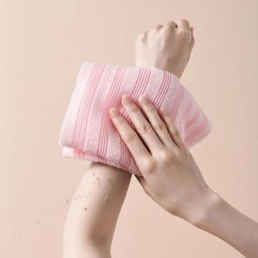 Imagem de 1 peça de pano esfoliante esfoliante corporal para chuveiro toalha de banho de espuma multifuncional mulheres homens toalhas esfoliantes ultra-longas macias (rosa, listras)