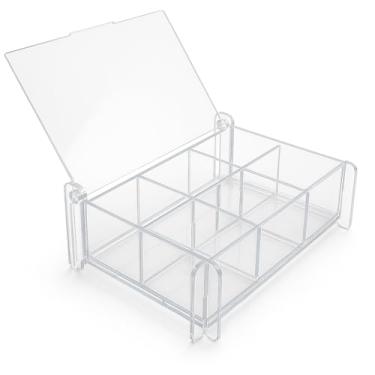Imagem de Organizador Porta Joias e Porta Treco em Acrílico Cristal 3mm com Tampa Basculante, 6 Divisórias Removíveis, Caixa Compacta 10x16x4 cm para Mesa e Bancada