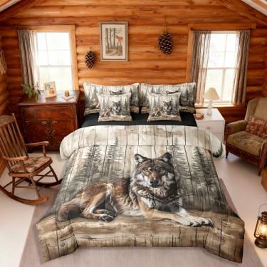 Imagem de Erosebridal Jogo de cama Queen com estampa de lobo caçador, animal de caça, campo, pinheiro, selva, rústica, para crianças e adultos, lençol de cima