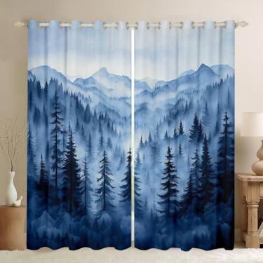 Imagem de Erosebridal Cortinas de floresta azul para meninos 132 cm L x 84 C, cortinas blackout rústicas de pinheiro florestal, cortinas de janela de montanha esfumaçada para crianças, homens, retrô, paisagem