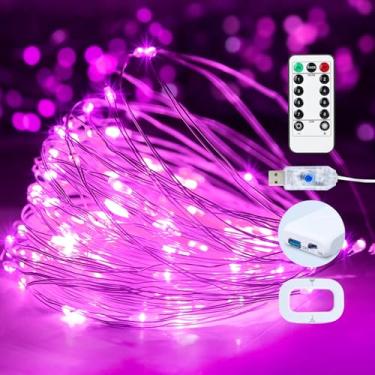 Imagem de Yooumoga Cordão de luzes LED Fada, 50 LEDs com controle remoto e temporizador, 8 modos, alimentado por USB e bateria para decoração de Natal e festa de quarto (rosa, pacote com 2)